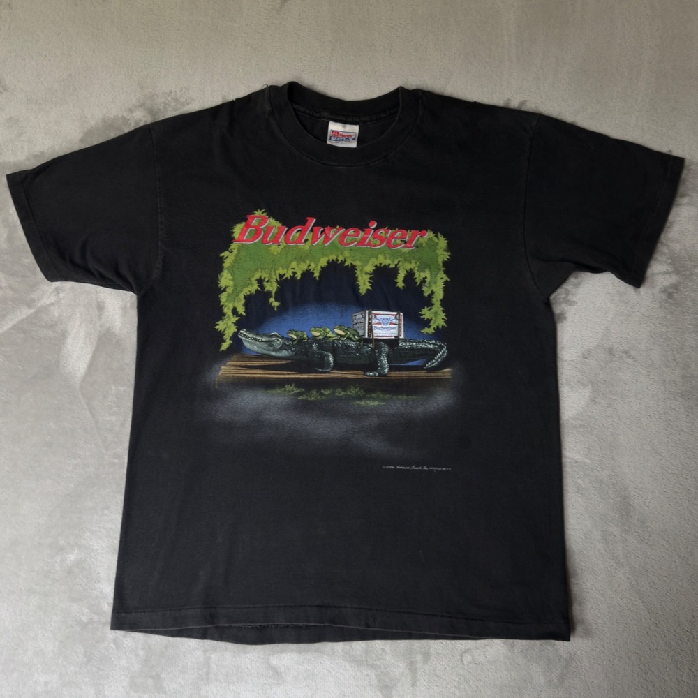 1996 Budweiser Frogs Alligator T Shirt Mens Large Hanes Beefy-T Black USA